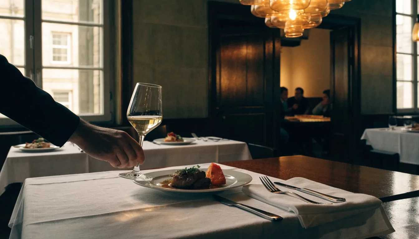 Zimne światło z wysokiego okna nad talerzem na kamiennym blacie w kuchni restauracji